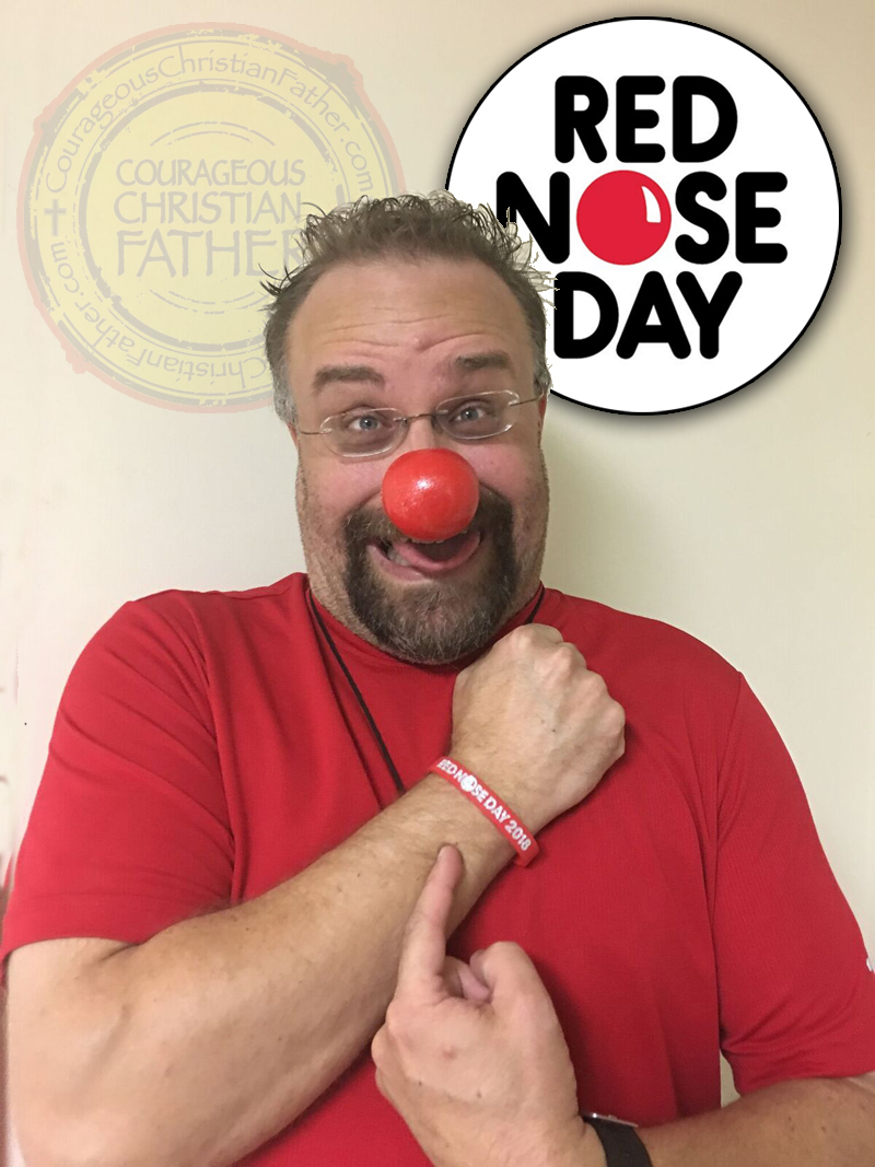 Steve of Courageous Christian Father wearing his red nose and ready for Red Nose Day #RedNoseDay #GoNosetoNose