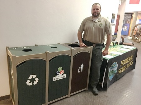 Interior Recycling Bins Available At All Tennessee State Parks - This is part of a Second phase of state parks’ recycling program. Visitors to Tennessee State Parks will now be able to use interior recycling bins at all 56 of the state parks in the second phase of improvements to the parks’ recycling program. (Recycle Away Bins) Pictured: Ranger Tyson Weller with interior bins at Fort Pillow State Historic Park