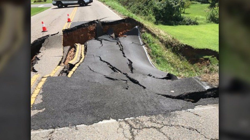 Sinkhole closes state Route 375 in Grainger County according to Tennessee Department of Transportation (TDOT). The Sink hole opened up near LM-14. Geotechnical engineers were on the way to the site.  (TDOT Image)