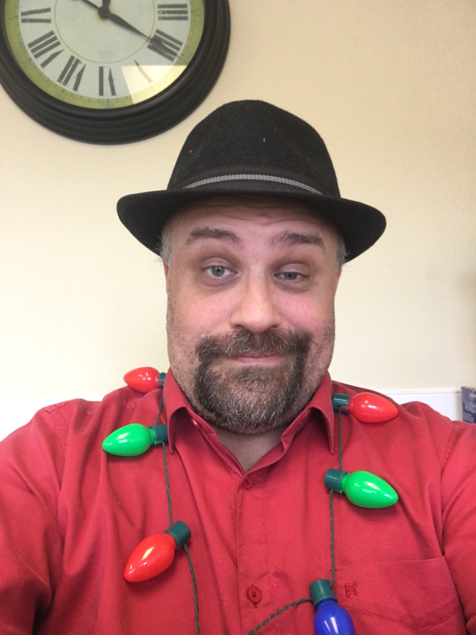 Hat Day - Steve wearing a black fedora with a grayish band,