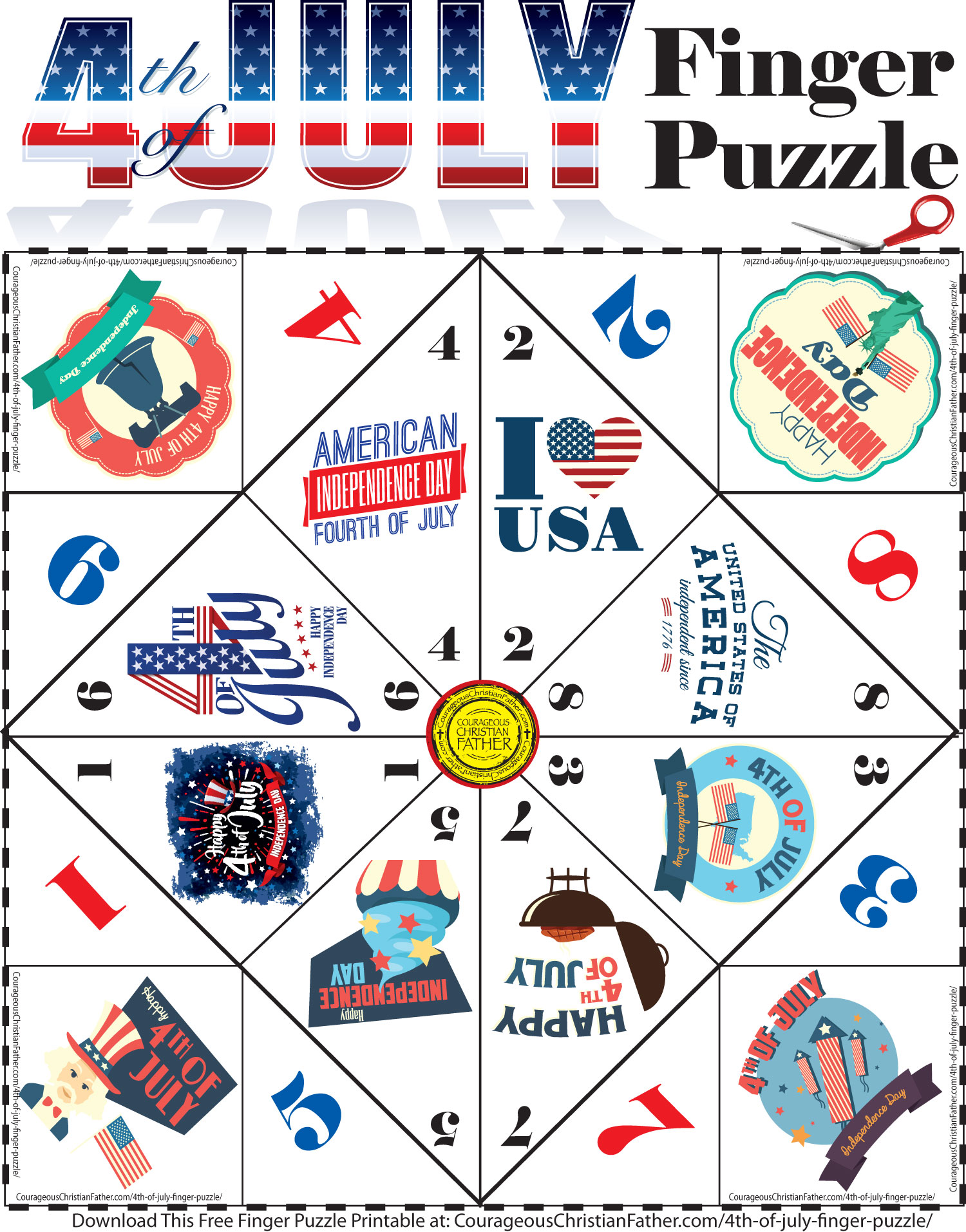 4th of July Finger Puzzle Printable - Here is a fun free finger puzzle printable for Independence Day (4th of July). #4thofJuly #IndependenceDay 