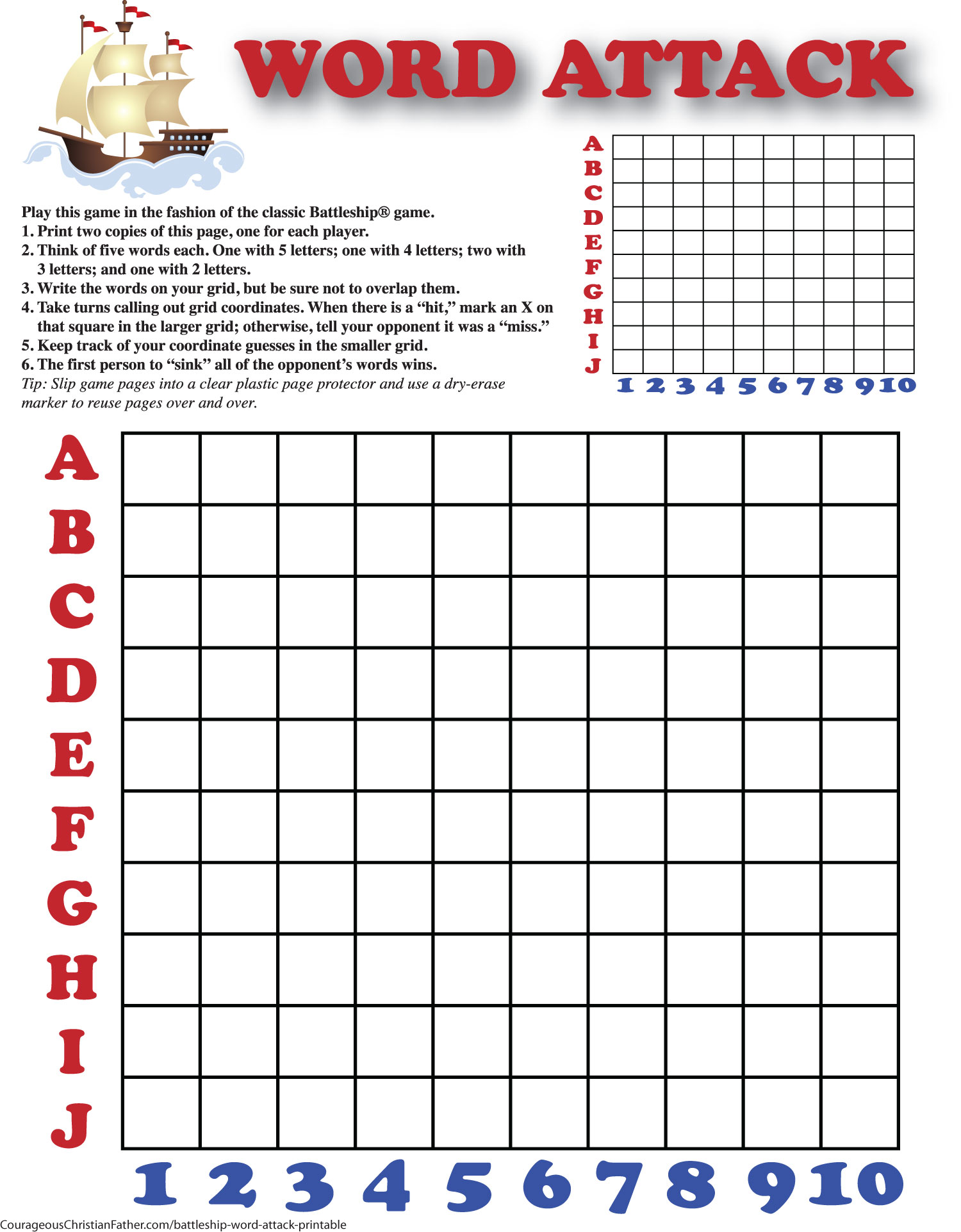 Battleship Word Attack Printable - a Free word attack printable plays like the classic Battleship game.