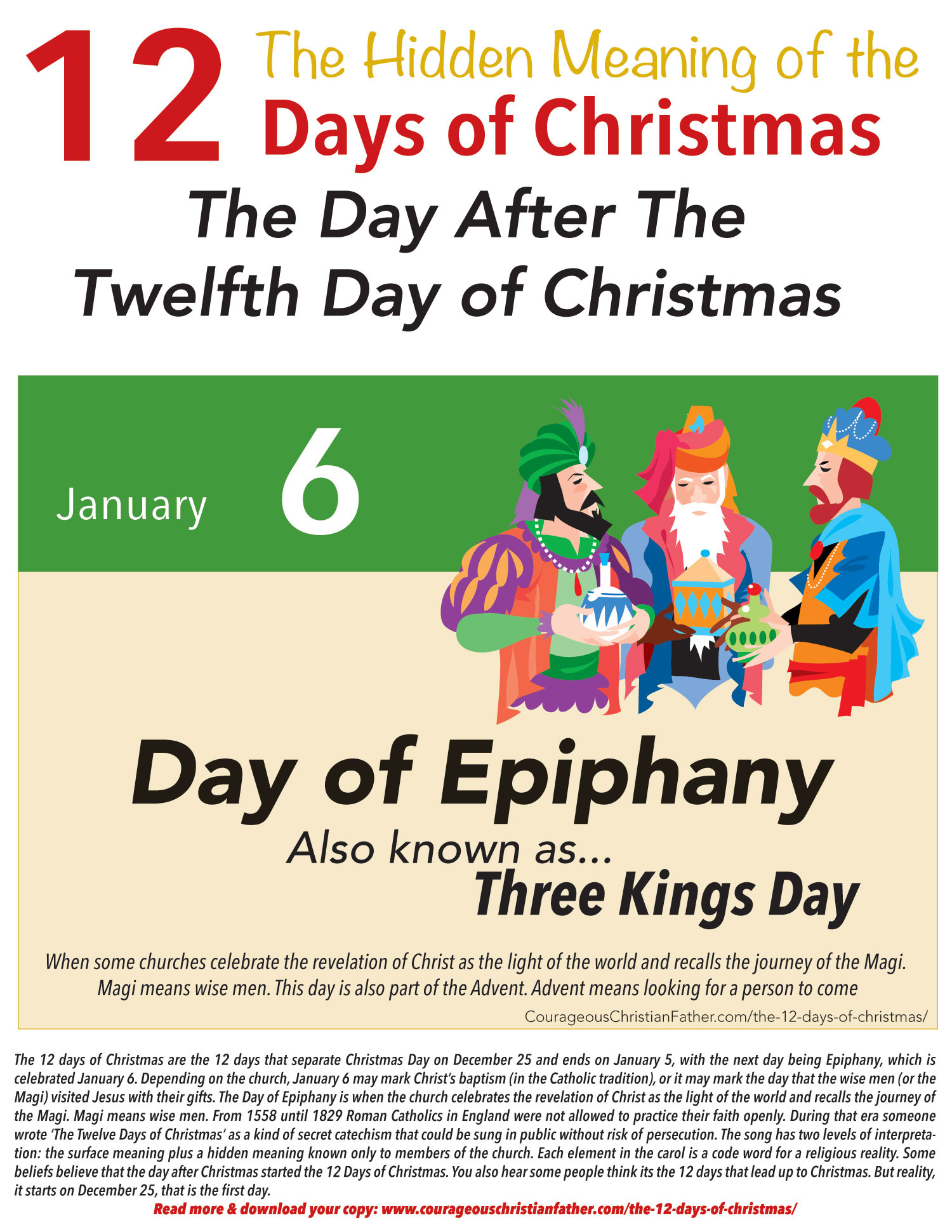 Epiphany is celebrated on January 6 the day after the end of the 12 Days of Christmas. Also known as Three Kings Day. #DayofEpiphany #ThreeKingsDay