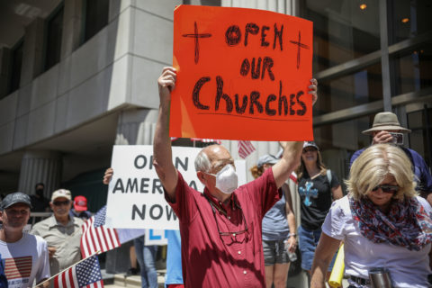 California to revise indoor church guidelines after Supreme Court ruling - Unlike Tennessee, where I live, we got to go back to indoor in-person worship a while ago, however, California, still had an in-person Worship Ban. However, that all will soon change. #California - Demonstrators holding signs demanding their church to reopen, protest during a rally to re-open California and against Stay-At-Home directives on May 1, 2020 in San Diego, California. - Rallies have been held at several state capitols across the country as protesters express their deep frustration with the stay-at-home orders that are meant to stem the spread of the novel coronavirus. (Photo by SANDY HUFFAKER/AFP via Getty Images)